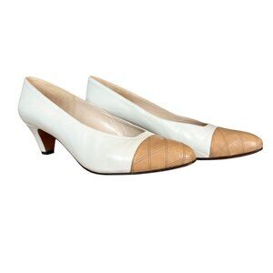 Evins ivory and tan leather cap toe classic pumps women's size 7 1/2